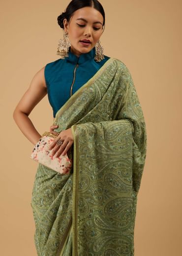 Festive Pista Green Saree Kashmiri Embroidered In Georgette