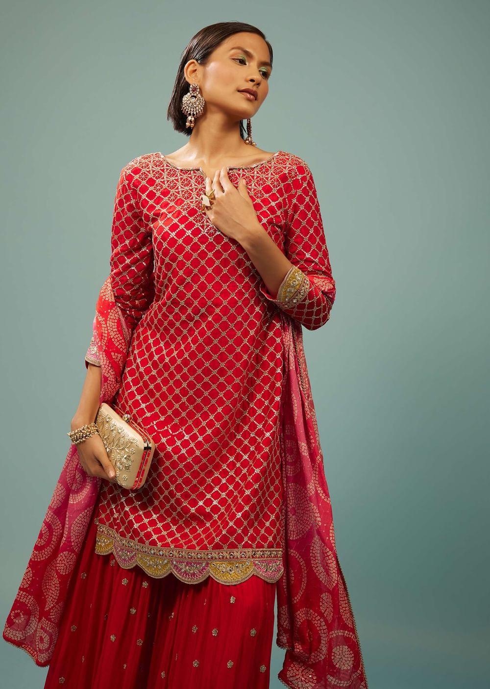 Fiery Red Sharara Suit With Embroidery And Bandhani Dupatta