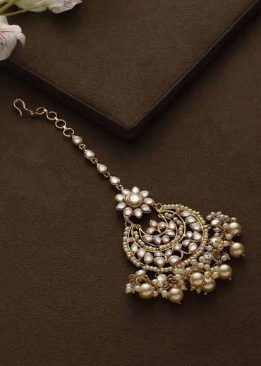 Gold Plated Kundan And Pearl Maang Tika