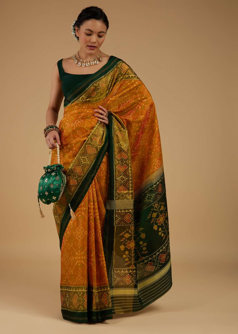 Kalki Golden Oak Yellow Saree In Silk With Ikat Weave Patola Work