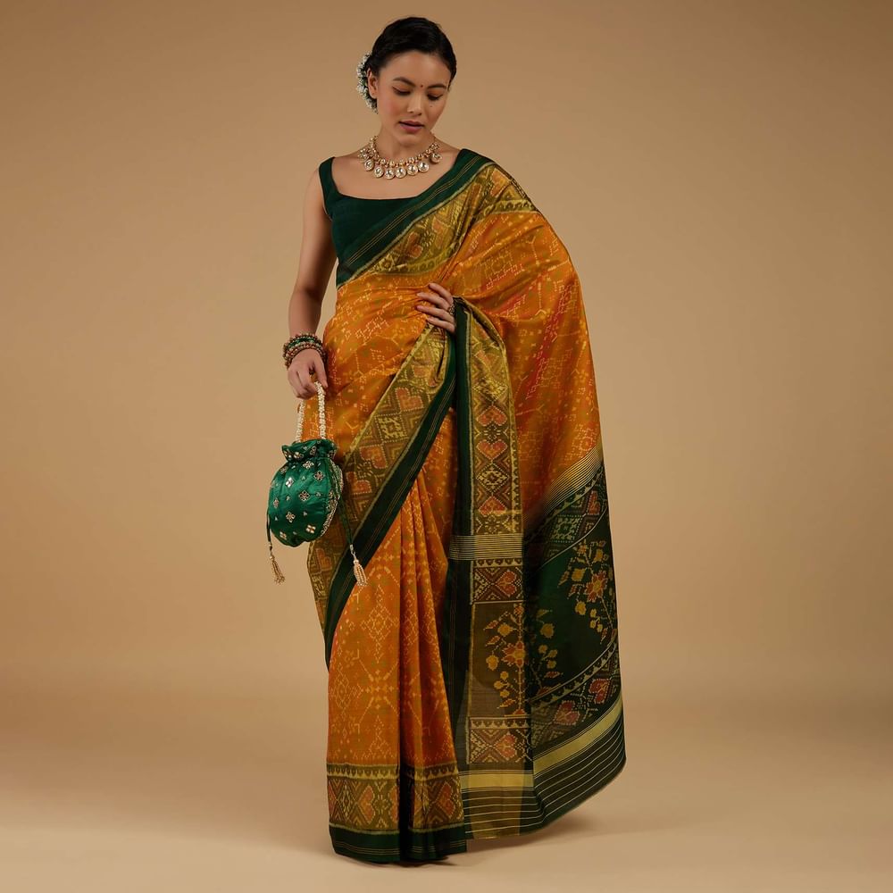 Kalki Golden Oak Yellow Saree In Silk With Ikat Weave Patola Work