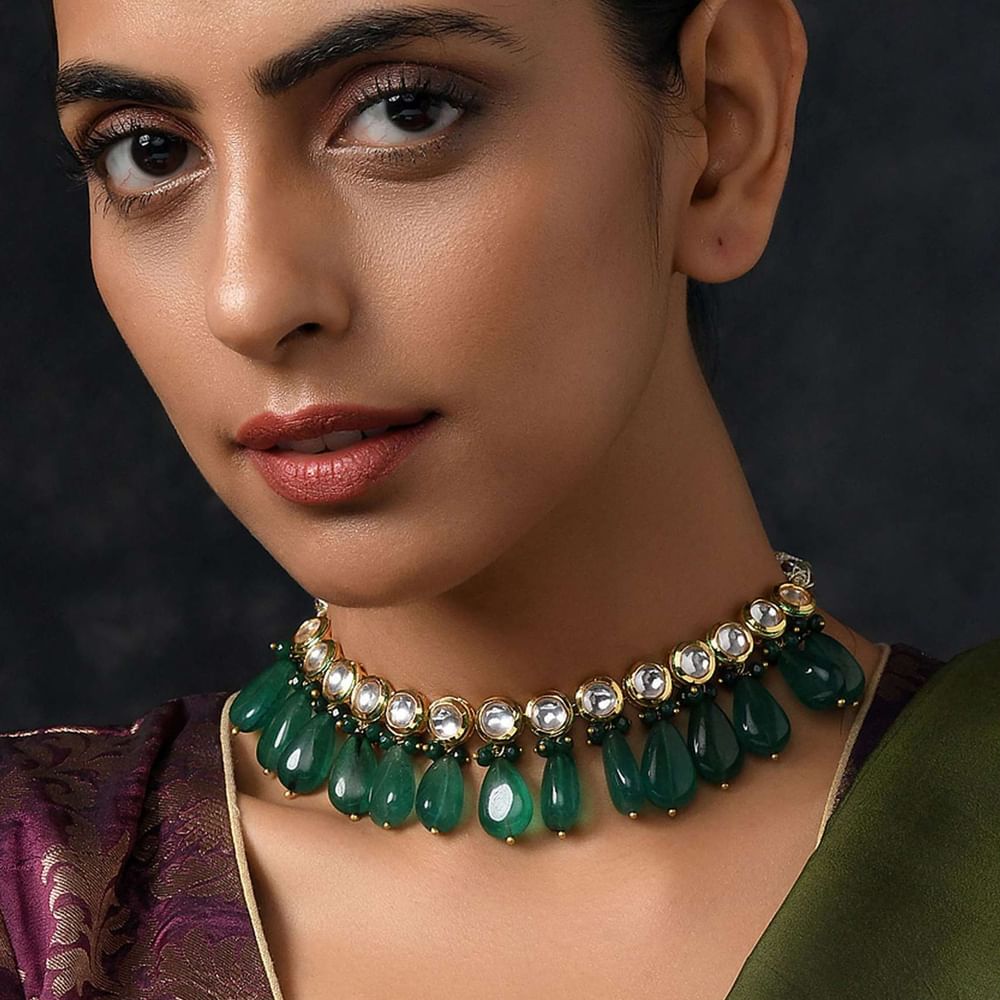 Green Gold Plated Kundan Choker Necklace