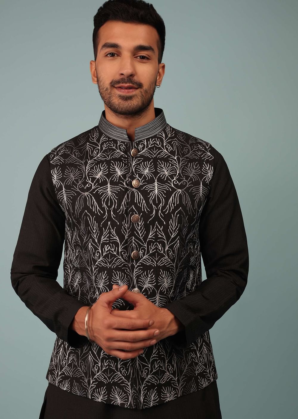 Black Bandi Jacket Set In Silk With Resham And Zari Aari Embroidery