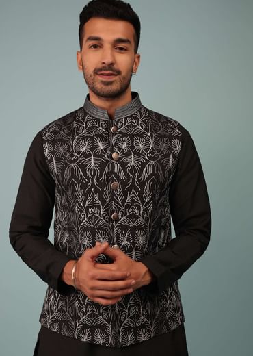 Black Bandi Jacket Set In Silk With Resham And Zari Aari Embroidery