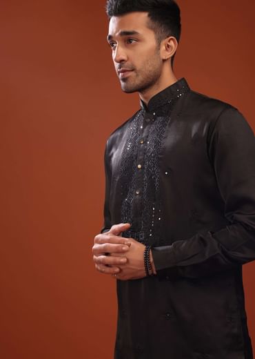 Black Festive Kurta In Mini Silk With Lucknowi Embroidery