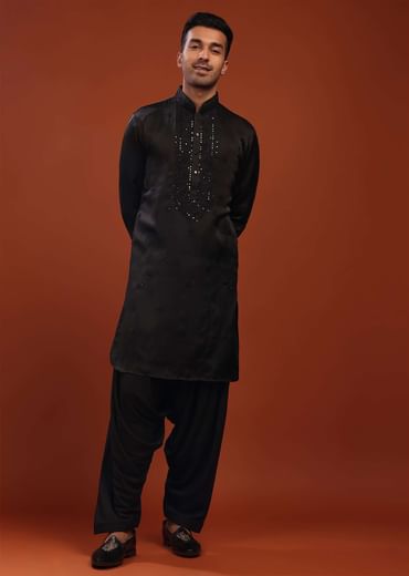 Black Festive Kurta In Mini Silk With Lucknowi Embroidery