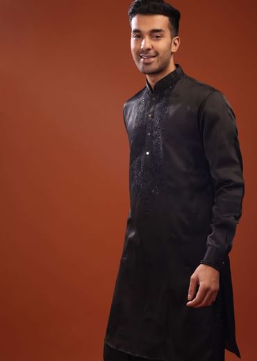 Black Festive Kurta In Mini Silk With Lucknowi Embroidery