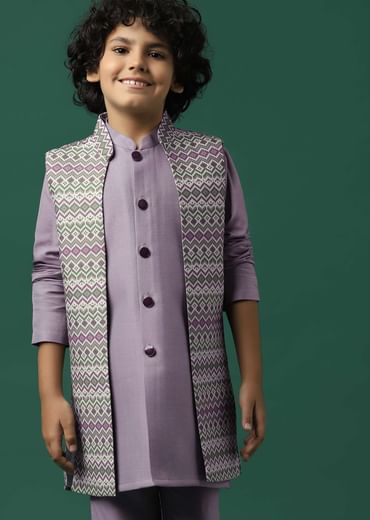 Kalki Lavender Purple Printed Kurta Jacket Set In Silk For Boys