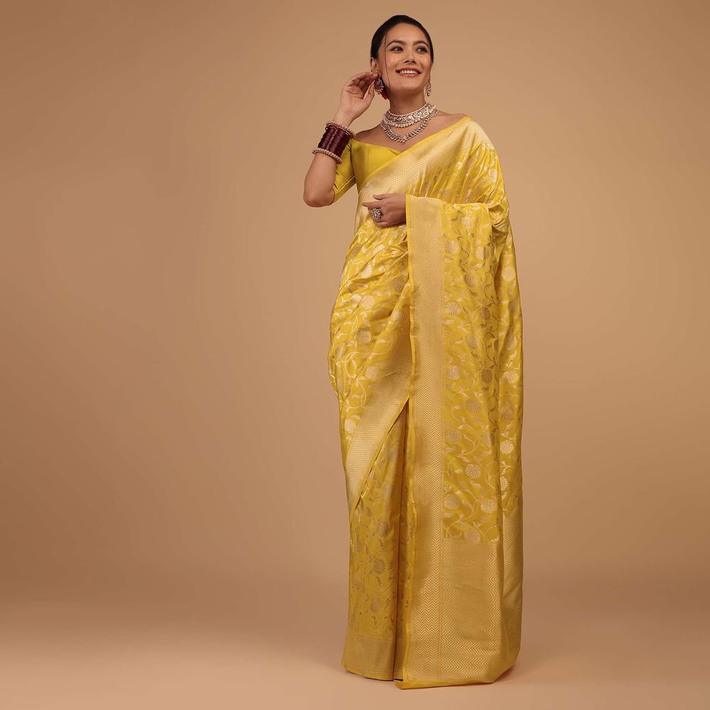 Lemon Yellow Saree In Pure Banarasi Silk With Upada Zari Weave Floral Jaal Work