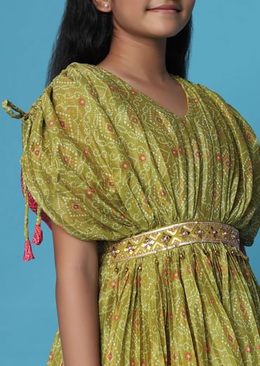 Kalki Mehendi Green Printed Gown In Georgette With Embroidery Work For Girls