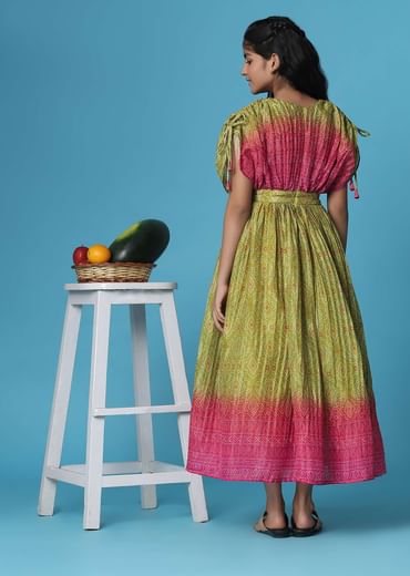 Kalki Mehendi Green Printed Gown In Georgette With Embroidery Work For Girls