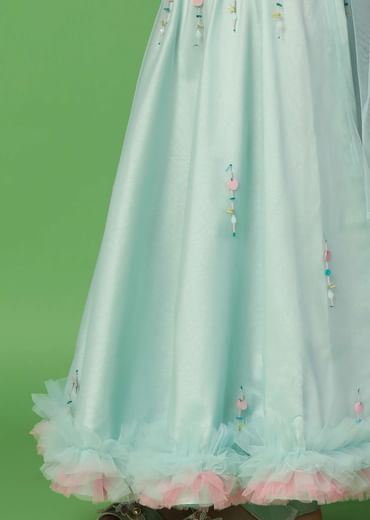 Kalki Mint Blue Embroidered Blouse And Lehenga Set In Net For Girls