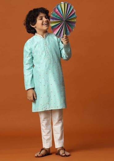 Kalki Mint Green Boys Kurta Set In Silk With Mirrors And Threadwork For Boys
