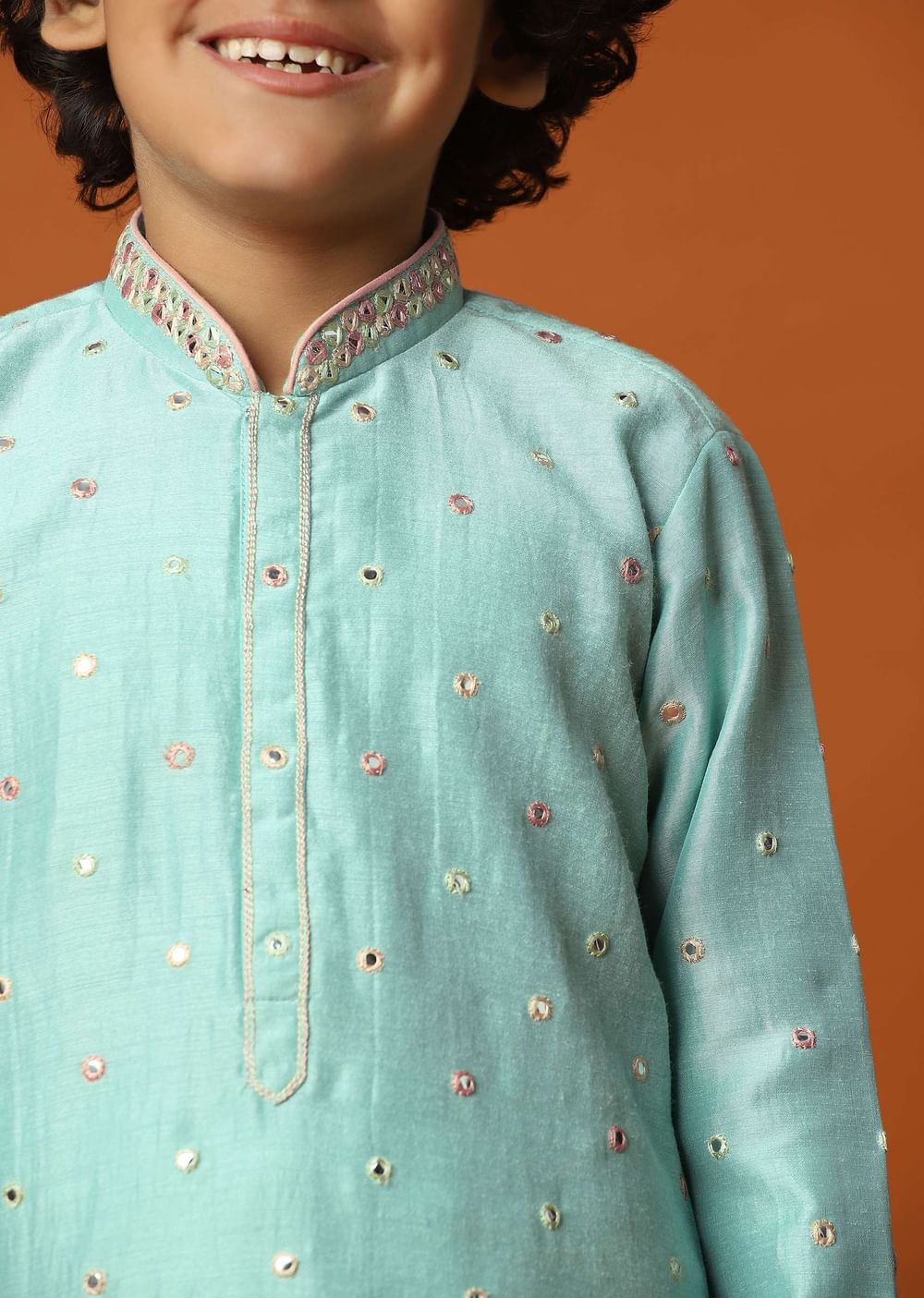 Kalki Mint Green Boys Kurta Set In Silk With Mirrors And Threadwork For Boys