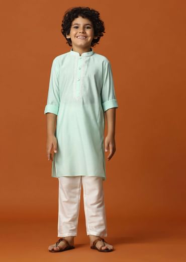 Kalki Misty Jade Green Kurta Set In Silk For Boys