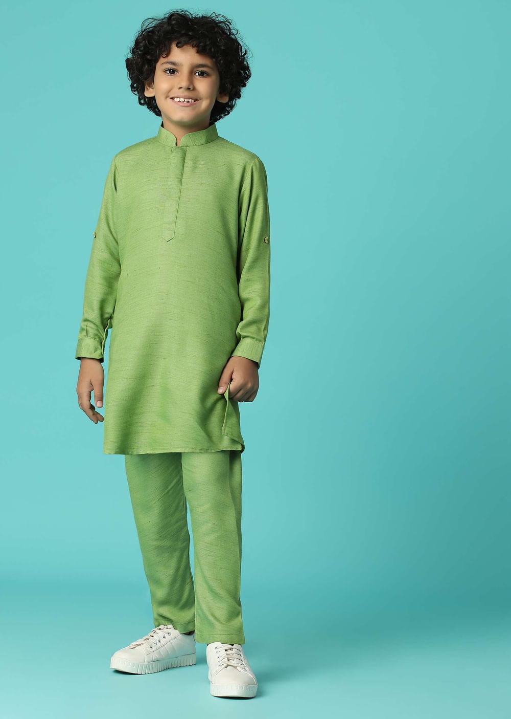 Kalki Moss Green Printed Kurta Jacket Set In Silk For Boys