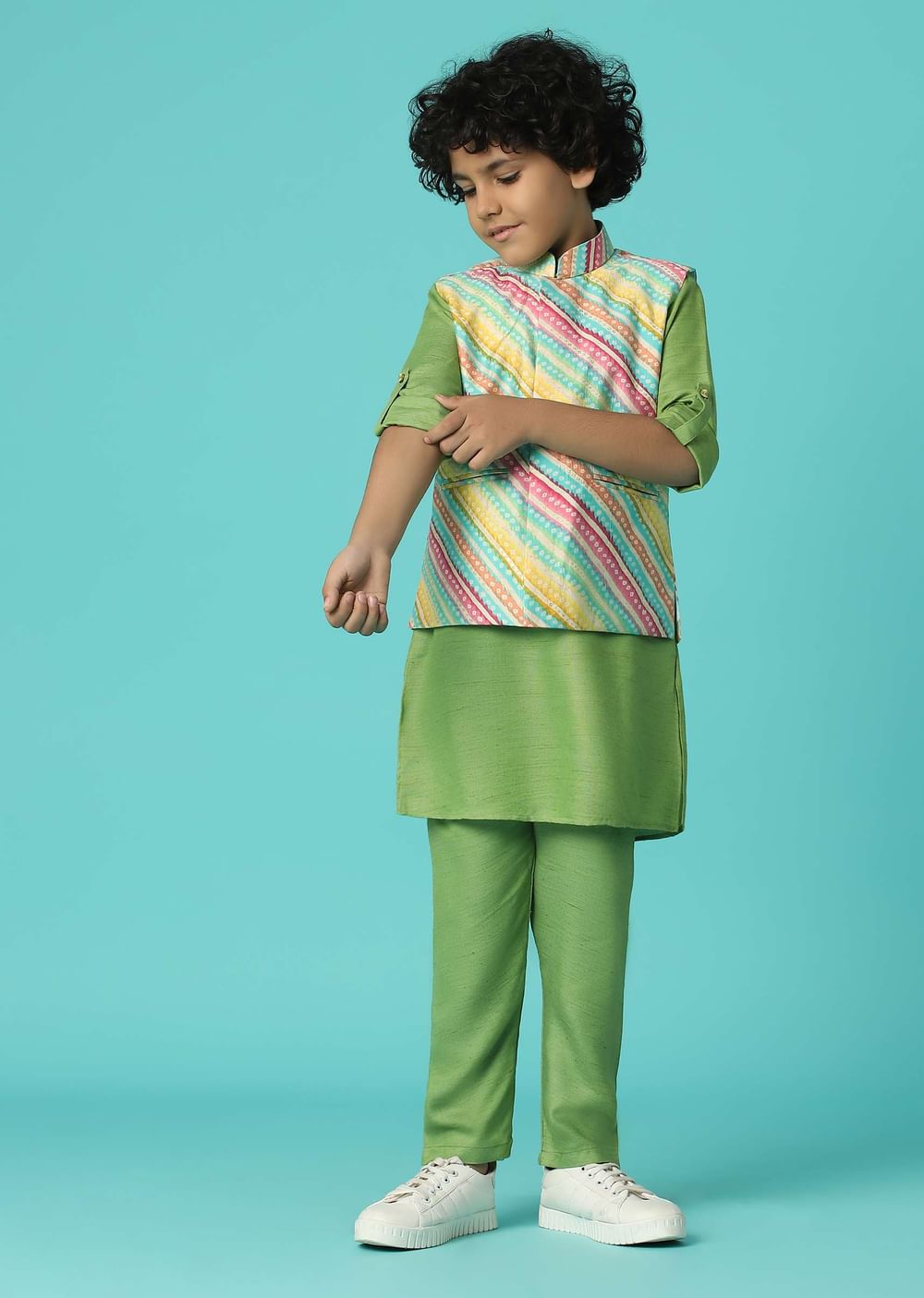 Kalki Moss Green Printed Kurta Jacket Set In Silk For Boys