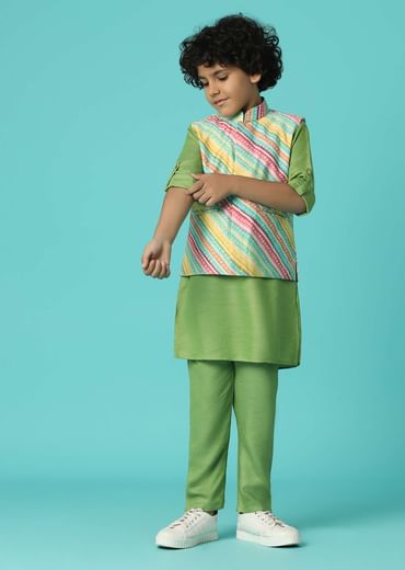 Kalki Moss Green Printed Kurta Jacket Set In Silk For Boys