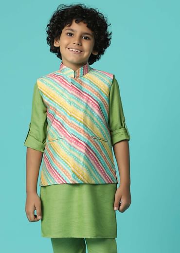 Kalki Moss Green Printed Kurta Jacket Set In Silk For Boys