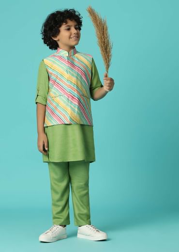 Kalki Moss Green Printed Kurta Jacket Set In Silk For Boys