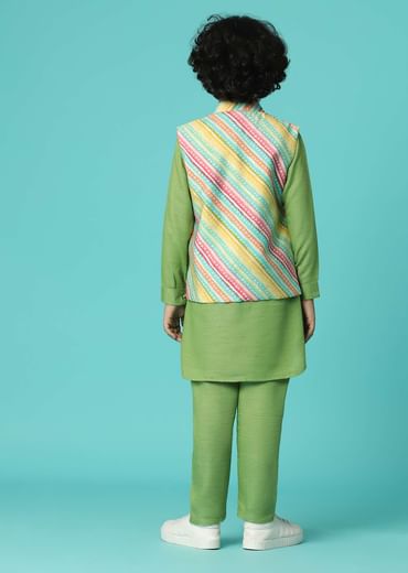 Kalki Moss Green Printed Kurta Jacket Set In Silk For Boys