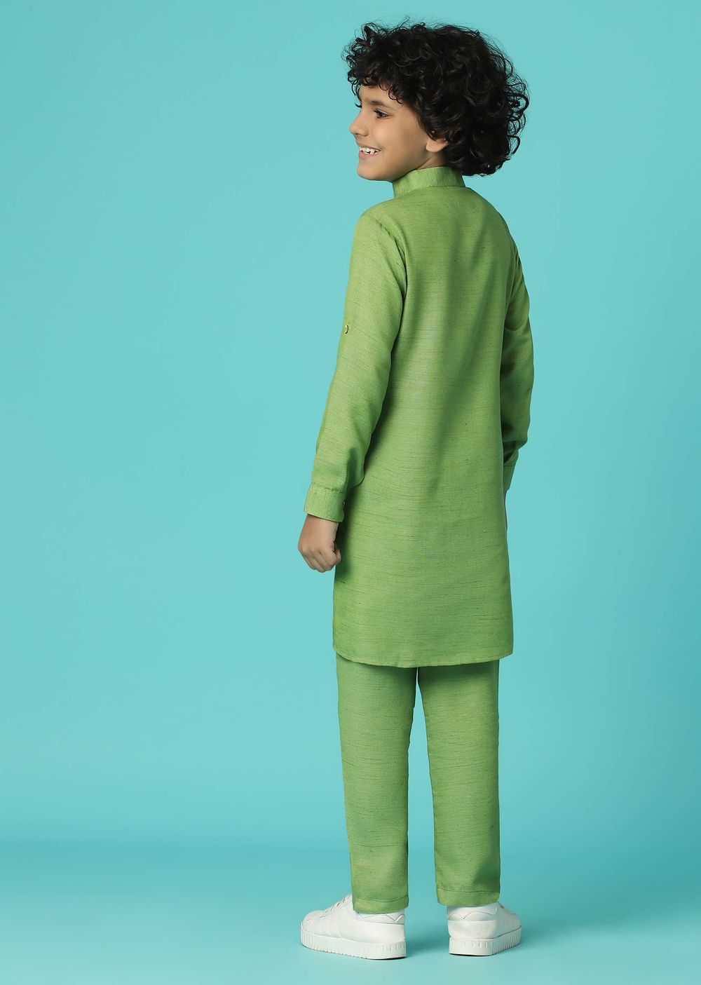 Kalki Moss Green Printed Kurta Jacket Set In Silk For Boys