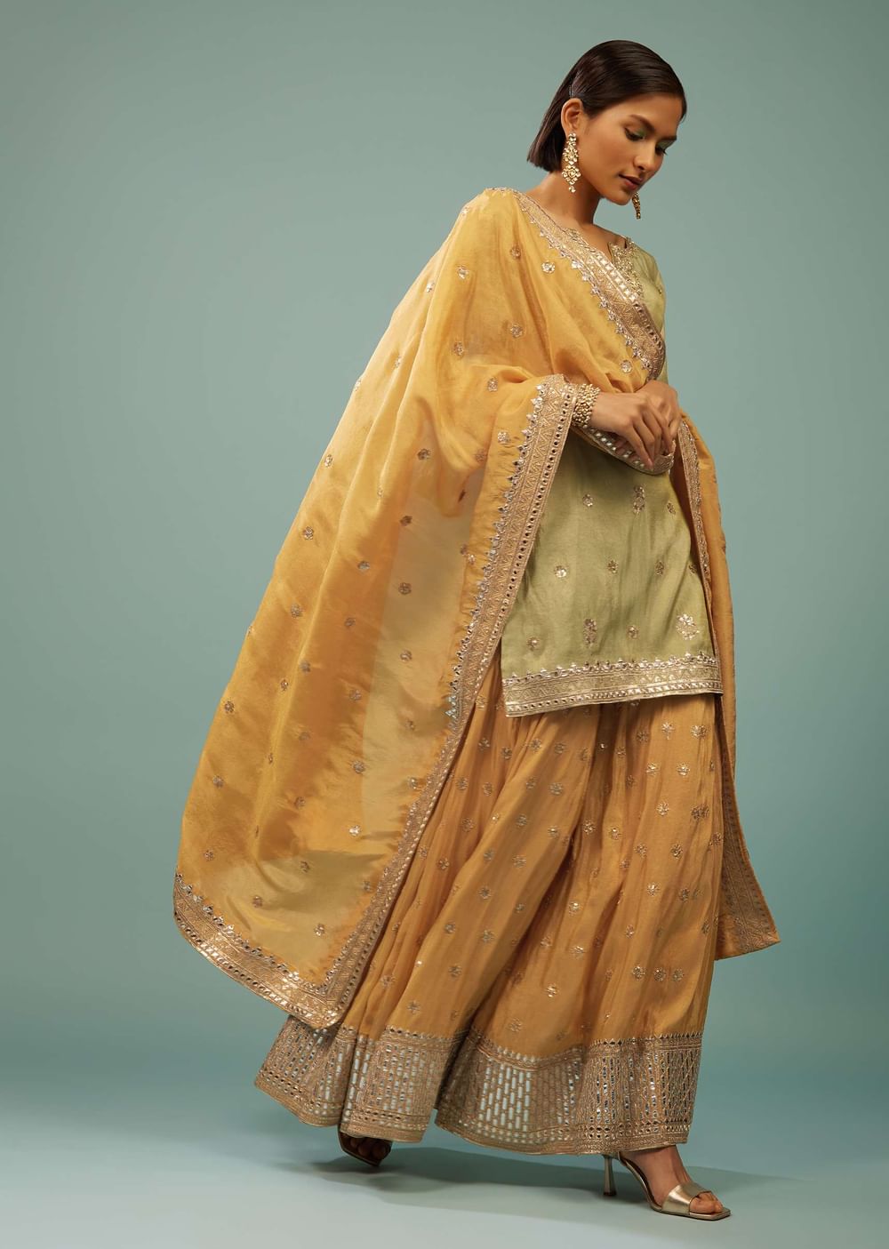 Powder Green Palazzo Suit With Yellow Palazzo & Dupatta In Embroidery