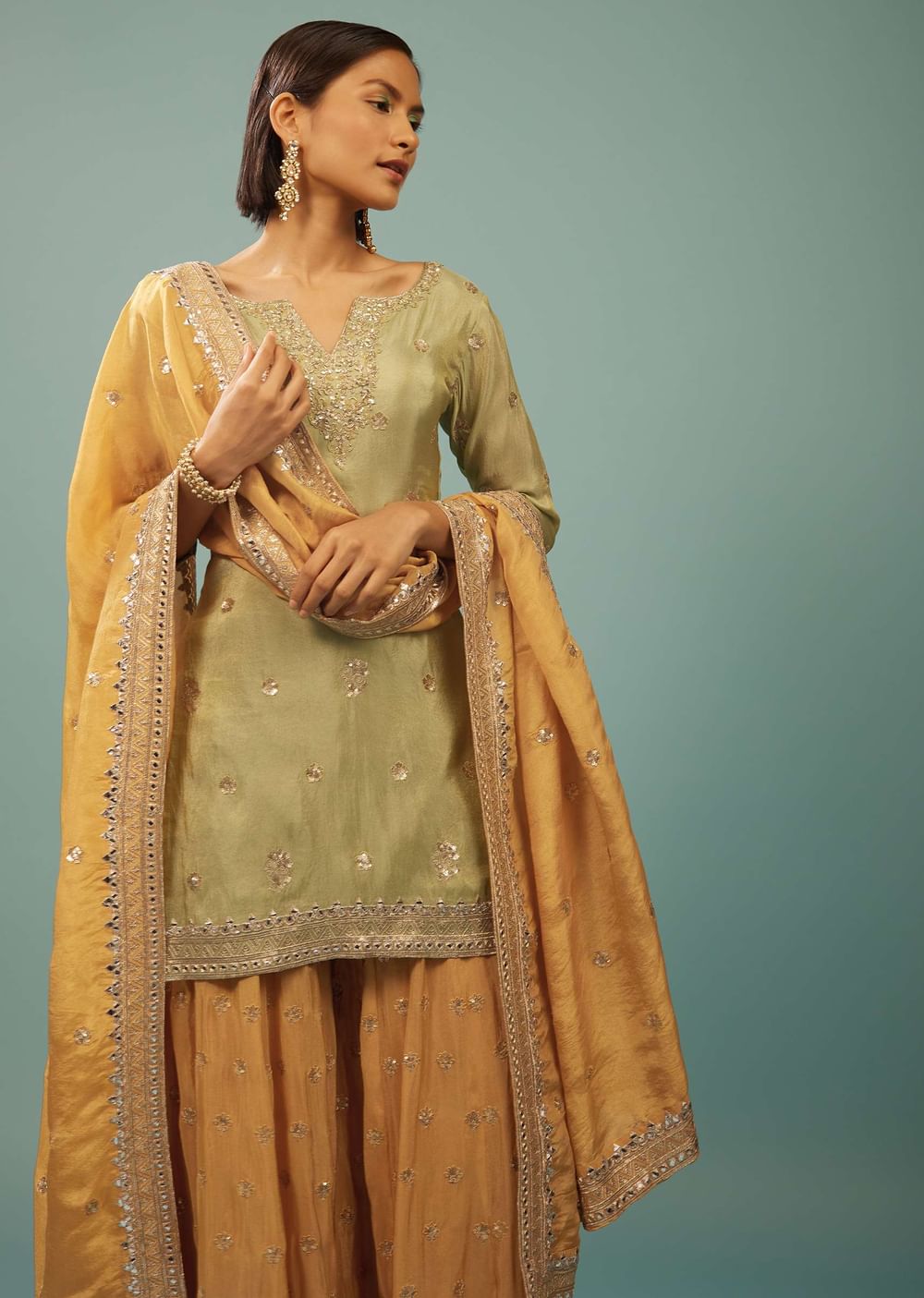 Powder Green Palazzo Suit With Yellow Palazzo & Dupatta In Embroidery