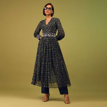 Navy Blue Palazzo Suit In Georgette With Multicolor Floral Print & Embroidery
