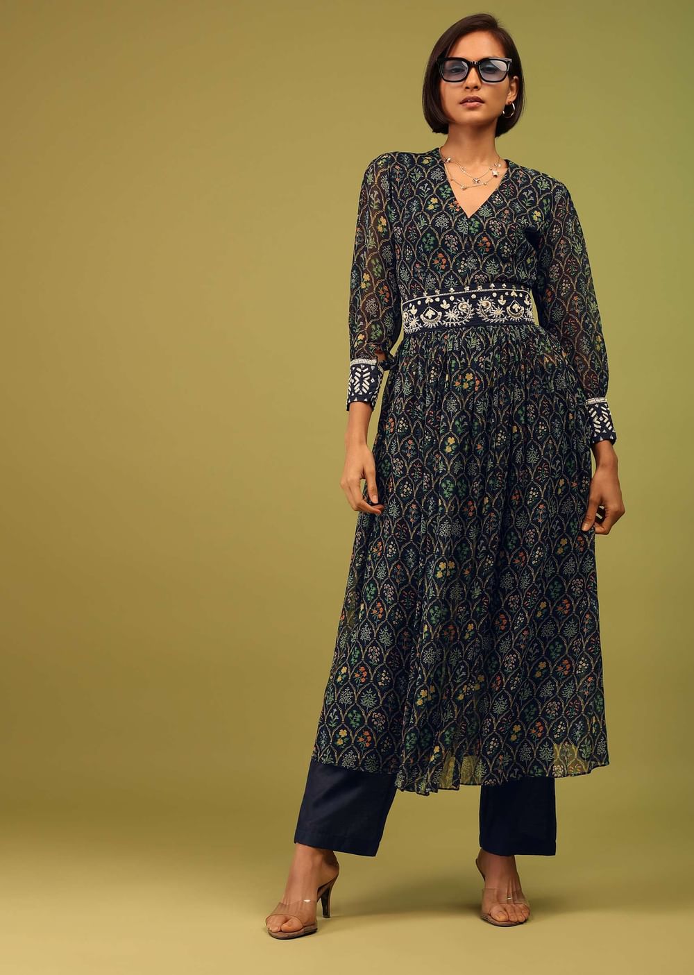 Navy Blue Palazzo Suit In Georgette With Multicolor Floral Print & Embroidery