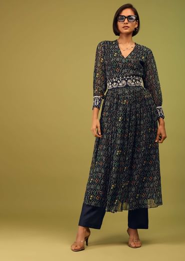 Navy Blue Palazzo Suit In Georgette With Multicolor Floral Print & Embroidery