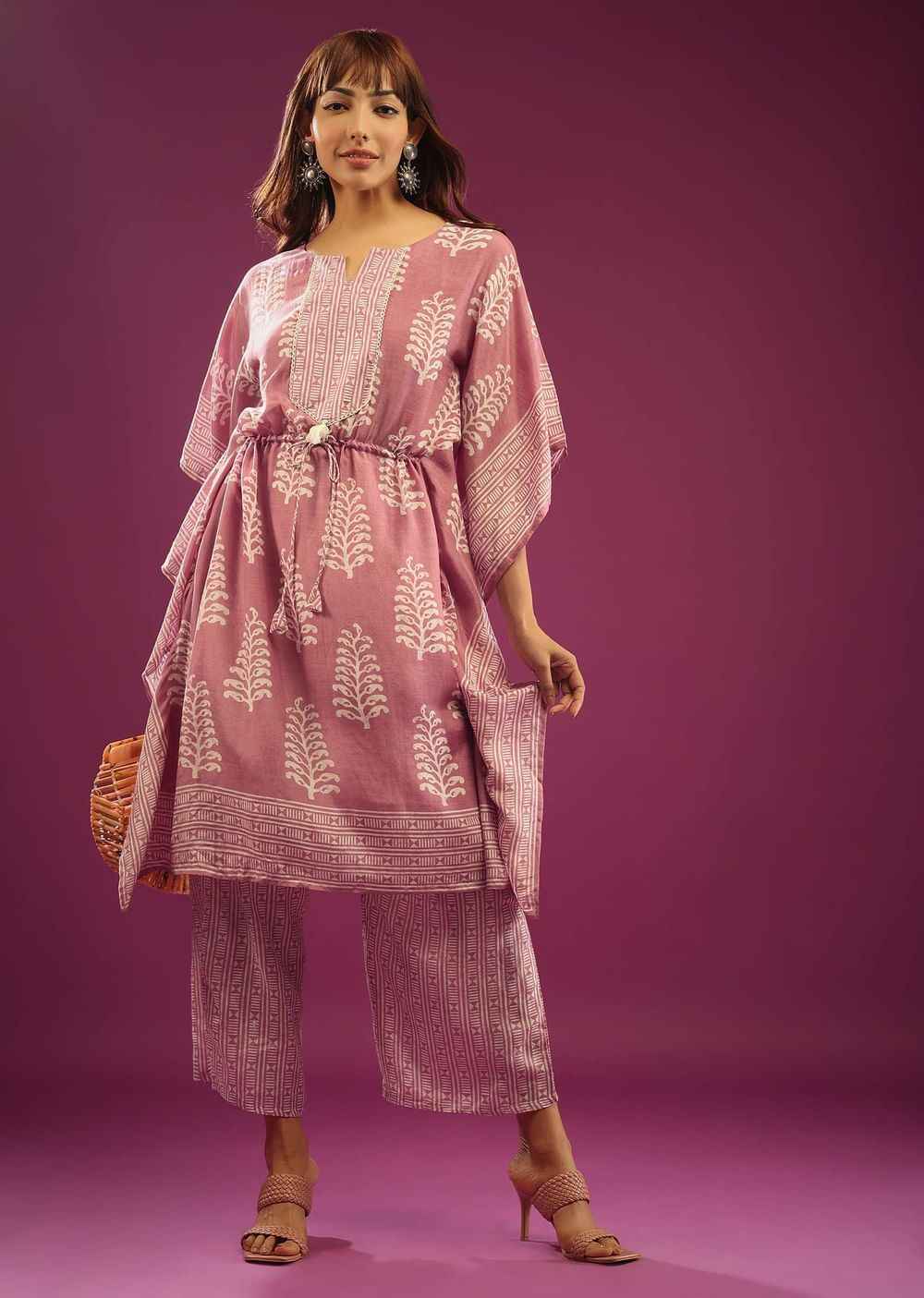 Onion Pink Kaftan Set In Cotton With Print