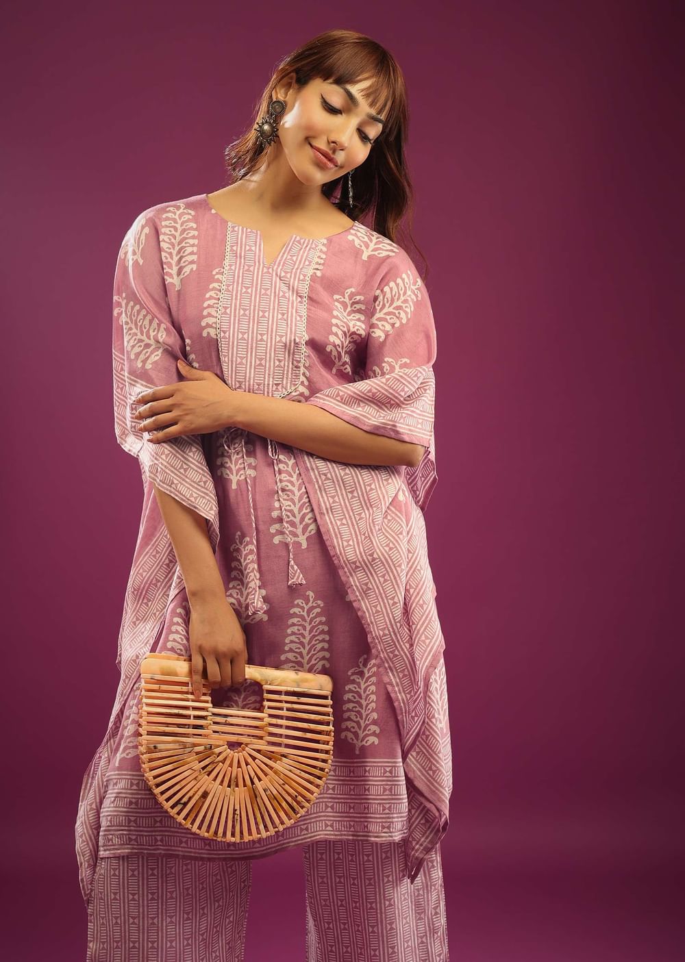 Onion Pink Kaftan Set In Cotton With Print