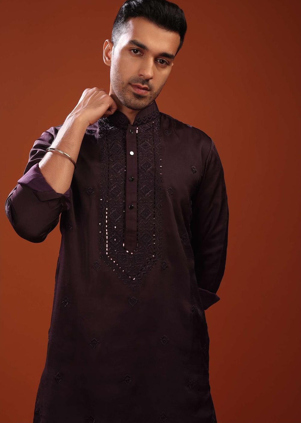 Burgundy Purple Festive Kurta In Mini Silk With Lucknowi Embroidery