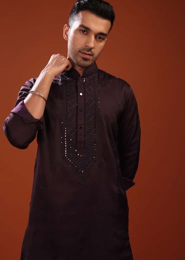 Burgundy Purple Festive Kurta In Mini Silk With Lucknowi Embroidery