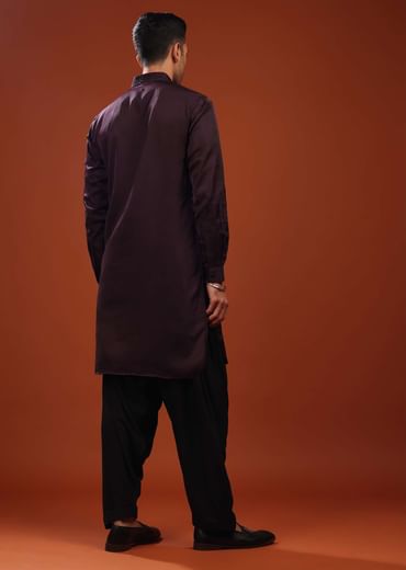 Burgundy Purple Festive Kurta In Mini Silk With Lucknowi Embroidery