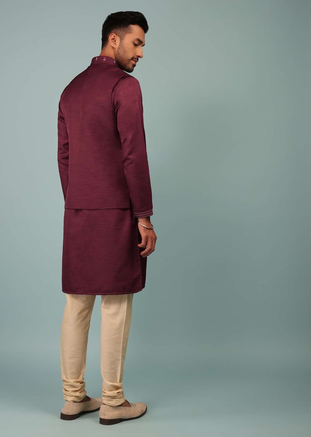 Burgundy Red Bandi Jacket Set In Raw Silk With Multicolor Floral Butti & Aari Embroidery