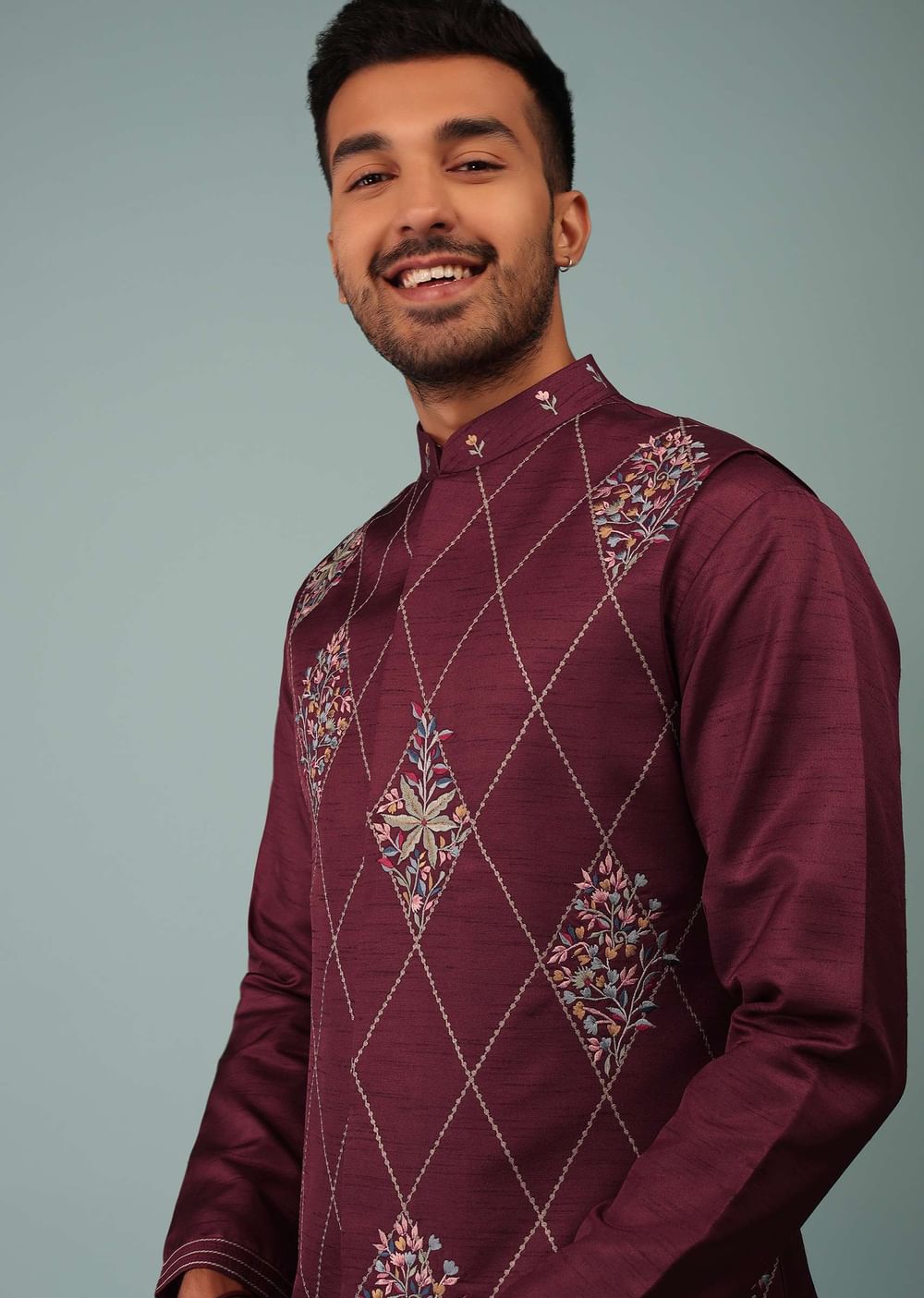 Burgundy Red Bandi Jacket Set In Raw Silk With Multicolor Floral Butti & Aari Embroidery