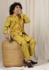 Kalki Sulphur Yellow Embroidered Bandi Kurta Set In Silk For Boys
