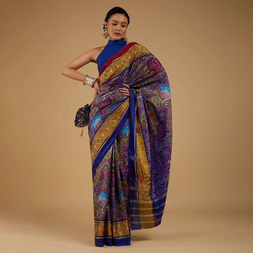 Peacock Blue Saree In Silk With Ikat Weave Patola Work