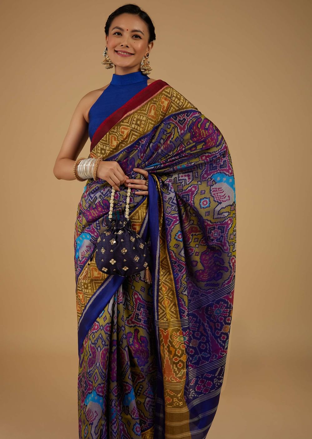 Peacock Blue Saree In Silk With Ikat Weave Patola Work