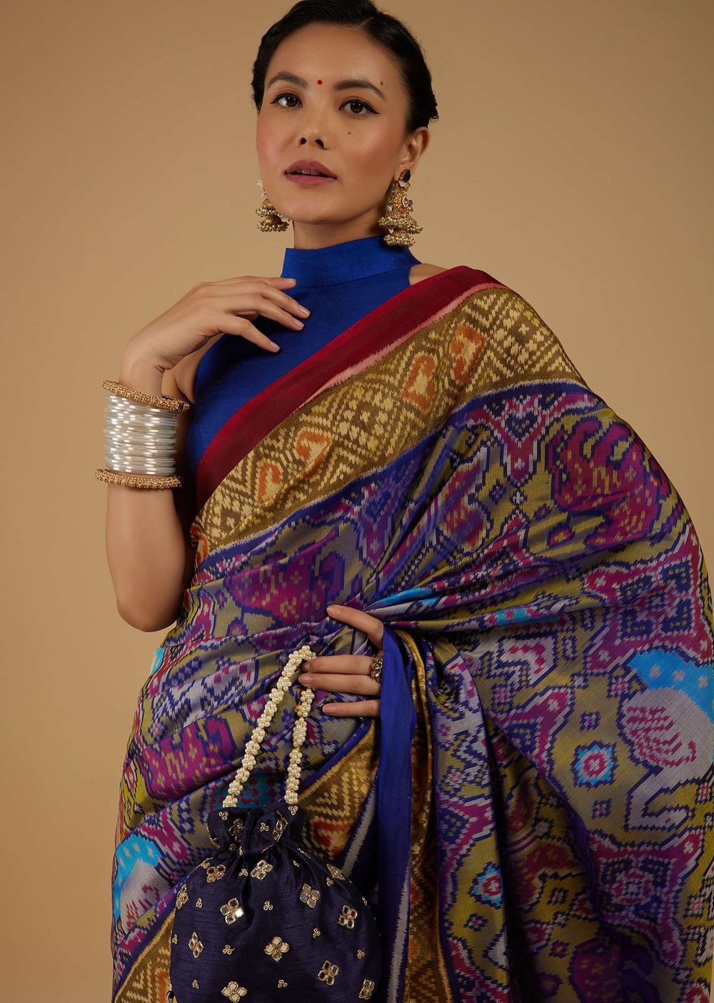 Peacock Blue Saree In Silk With Ikat Weave Patola Work