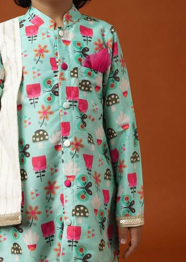 Kalki Teal Green Printed Kurta Set In Cotton Silk For Boys