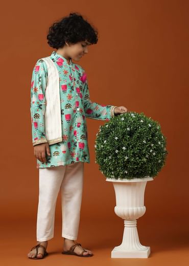 Kalki Teal Green Printed Kurta Set In Cotton Silk For Boys