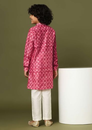 Kalki Valentine Red Boys Kurta Set In Tussar Silk With Threadwork On The Yoke For Boys
