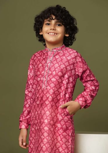 Kalki Valentine Red Boys Kurta Set In Tussar Silk With Threadwork On The Yoke For Boys