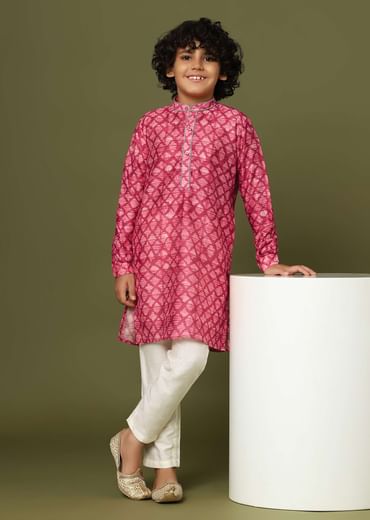 Kalki Valentine Red Boys Kurta Set In Tussar Silk With Threadwork On The Yoke For Boys