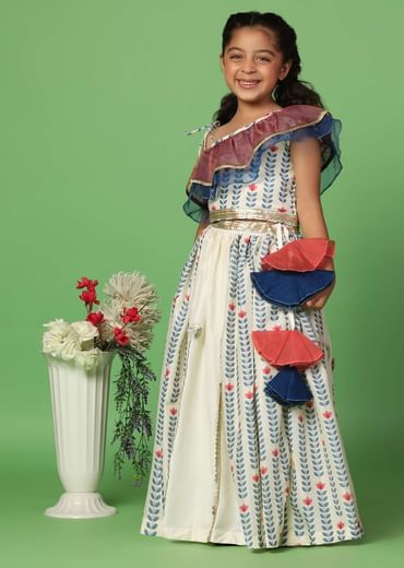Kalki White Printed Top And Lehenga Set In Cotton Silk For Girls