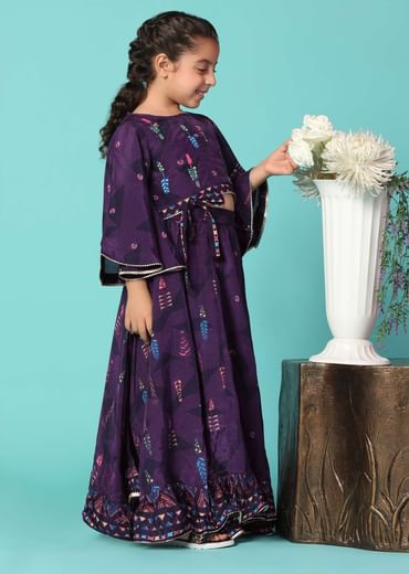 Kalki Wine Purple Top and Lehenga Set In Moga Silk With Print For Girls
