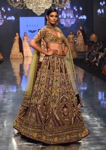 Wine Red Queenly Bridal Lehenga In Velvet With Heavy Floral Embroidery - NOOR 2022